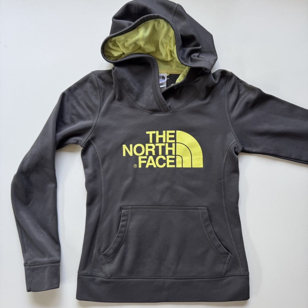 THE NORTH FACE Pullover Hoodie Womens XS (XXS) Grey Yellow Hood Fleece Lined